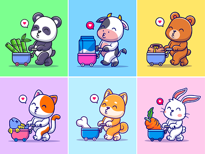 Animals with favorite food🐼🎋🦄🍩 animals bamboo bear cart cat cute dog eating farm food fur icon illustration logo meal milk pet snack trolley zoo