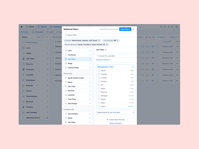 Advanced filters applied advanced filters apollo dashboard filter filter applied filter by filter card filter modal filter ui filtering filters hubspot job filters outreach sales filters salesforce sort sort by sorting zoominfo