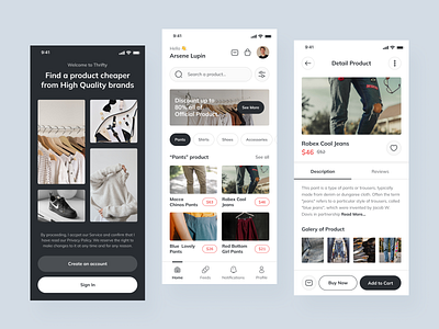 Thrifty - Clothing Store App black clean design clothing clothing app clothing store desain design store store app typography ui uidesign uiux user interface ux uxdesign