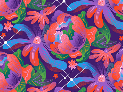 Flower Pattern on Purple botanical daisy drawing editorial illustration floral floral pattern flower illustrated pattern illustration jordan kay magic pattern peony purple sparkle surface design textile pattern texture