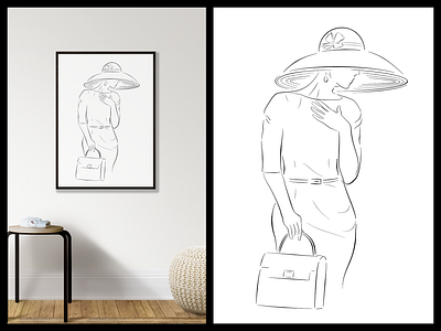 Elegant Woman with Hat and Handbag affiche banner black and white design drawing drawing of woman elegance elegant elegant woman fine line handbag hat line drawing poster wall decoration wall poster woman woman with hat