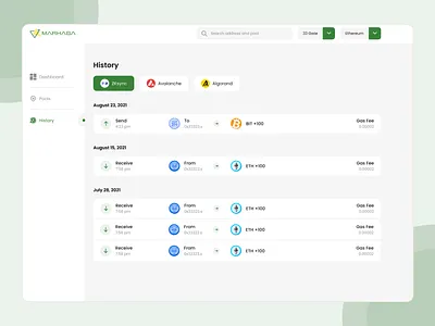 Marhaba Defi History Page Design blockchai branding coins crypto defi design greencolortheme marketplace motion graphics nfts receivecoins sendcoins typography ui ux web