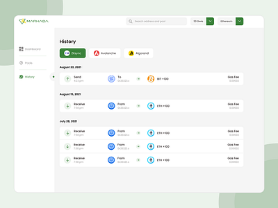 MarhabaDefi History blockchain coins crypto defi design green history icons light theme menu bar nfts marketplace send side bar tokens transfer ui ux