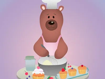 Bear-chef making cupcakes bear and berries bear cook bear with muffins cute bear graphic design illustrator muffin muffins at the desk