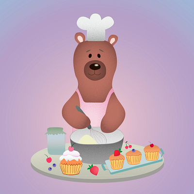 Bear-chef making cupcakes bear and berries bear cook bear with muffins cute bear graphic design illustrator muffin muffins at the desk