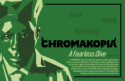 Chromakopia Review Magazine Publication - MockUp 3 color design full page spread graphic design green high contrast hip hop illustration magazine music review