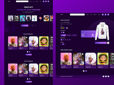 Print NFT Dark Theme blockchain crypto dark theme dark website design ecommerce gradients icons illustration landing page marketplace nft marketplace nfts order now print products purple ui ux website