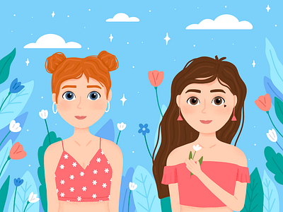 Two girls animation art brand branding character children illustration design flat girl illustration illustrator people