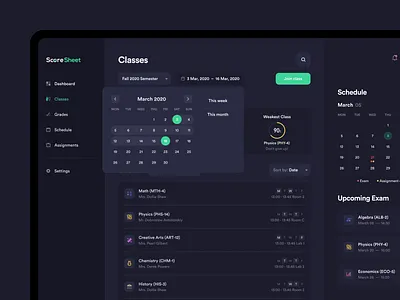 ScoreSheet – Calendar analytics app b2b b2c box cards clean clean design clean ui dark mode dashboard design education minimal minimalism minimalistic service statistics table ui