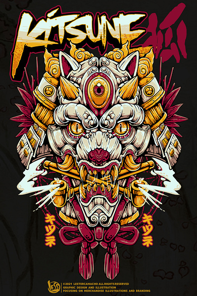 KITSUNE HANNYA SAMURAI ILLUSTRATION branding design designforsale graphic design hannya illustration kitsune logo oni japan samurai shogun ui vector