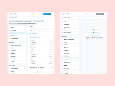 Advacend filters apollo crm filter filter by filter card filter panel filter ui filtering filters hubspot jobs filters location filter outreach sales sales filters salesforce salesloft sort sort by zoominfo