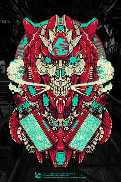 MECHA SKULL VAPE ILLUSTRATION branding design designforsale geisha graphic design gundam hannya illustration logo mecha oni samurai shogun skull ui