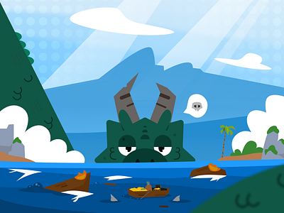 Oh no! 🐲 - On the Water Illustration Series blue dragon fantasy flat flatillustration green hero illustration island landing page ocean pool scenery web