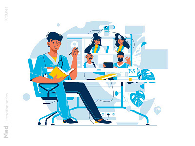 Doctors online video conference illustration character conference doctors flat illustration kit8 man online vector video woman