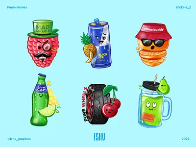Foam Heroes brand / Stickers design detailing illustration ishu lemon lime orange pear raspberry soda sunglass vector