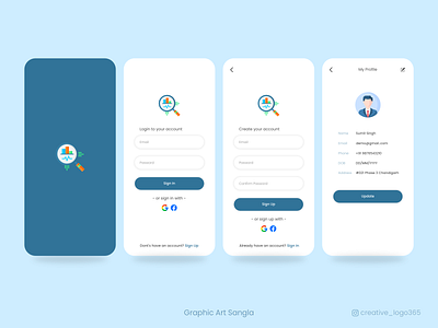 Splash | Sign In | Sign Up | Profile Screen | Graphic Art Sangla appdesign application best login screen design clean creative creativedesign design graphic graphic design graphicdesign iteration login screen ui design mobile app register signup splash screen ui