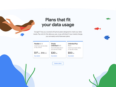 Google Fi UI design design fi girl google google fi illustration sea swimming ui under water ux vector