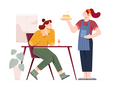 Sessions Market - 2 character cook customer eat flat food girl illustration kitchen restaurant vector waiter woman