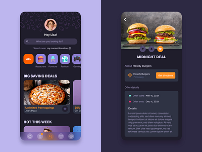 District ~ Deals Finder . Listings & Deals adobe xd app design food marketplace ui ux violet