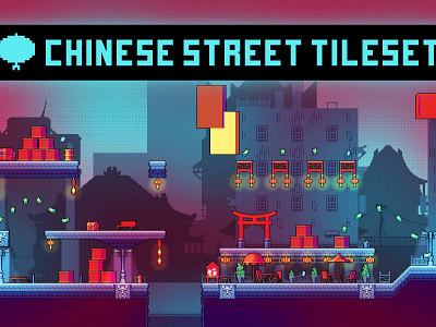 Chinese Street Tileset Pixel Art 2d 32x32 art assets chinese cyberpunk game game assets gamedev indie level pack pixel pixelart set tileset tilesets