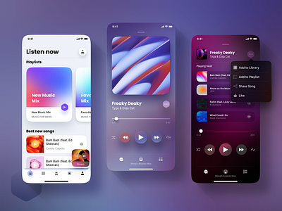 Music App context menu figma hexagon long shadow mobile music player tab bar ui design