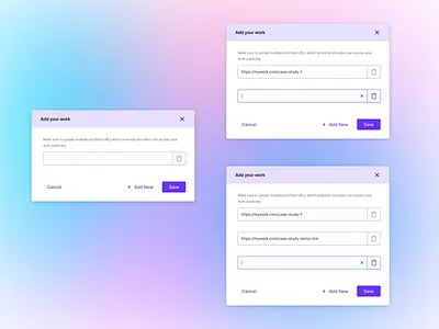 Modal with multi-url inputs ( UX ) add new links modal add portifolio links input modal modal links modal with muti input muti input