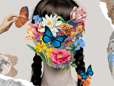 Magical Realism Mental Health Collage | Vintage Flower Remix collage design design element digital art escapism flower girl graphic illustration magical realism mental health moon png remix retro ripped paper surreal torn paper vintage woman