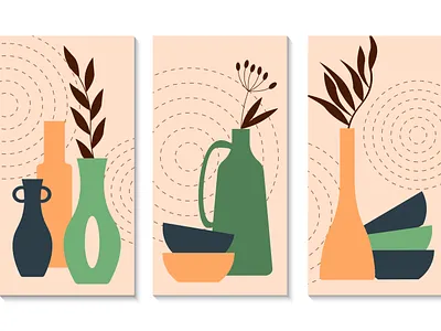 Set of templates with ceramic vases, bowls and plants. background bowl branding card design flower graphic design illustration paint poster template vase vector