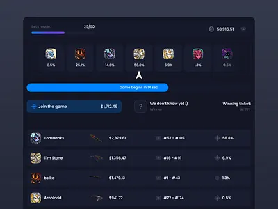Knifex Casino - Online Game Mode casino classic crypto dark ui dashboad gambling game gaming list nft roll statistic stats ticket timer ui ui components ui elements users ux