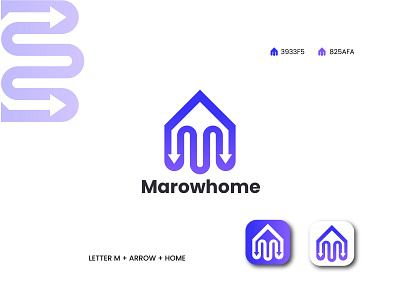 Modern M Letter Logo + Arrow + home // Marowhome Logo a b c d e f g h i j k l m n abstract app icon brand branding creative gradient graphic design home house logo icon letter mark logo logo design logotype m home logo o p q r s t u v w x y z real estate agency real state logo symbol