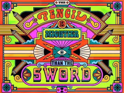 The pencil is mightier than the sword design illustration psychedelic quote retro surreal typography vector vintage