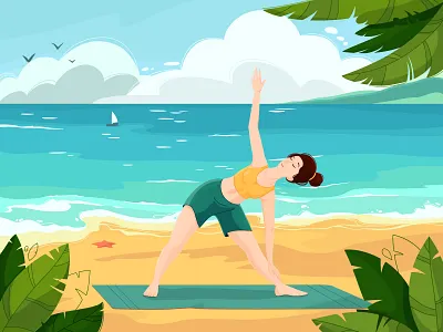 A woman practices yoga on the sea beach cartoony illustration landscape nature sea seascape summer vector yoga