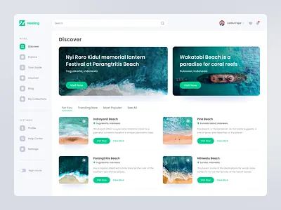 Healing - Travel Dashboard #1 Discover Page beach card clean clean dashboard cleandashboard dashboard design discover nature sidebar travel travel dashboard ui uiux ux web webdesign website