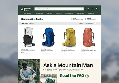 Outdoor Store Backpacking Ecomm Concept backpacking brand branding concept design ecomm ecommerce layout logo outdoors typography ui ux ui ux design