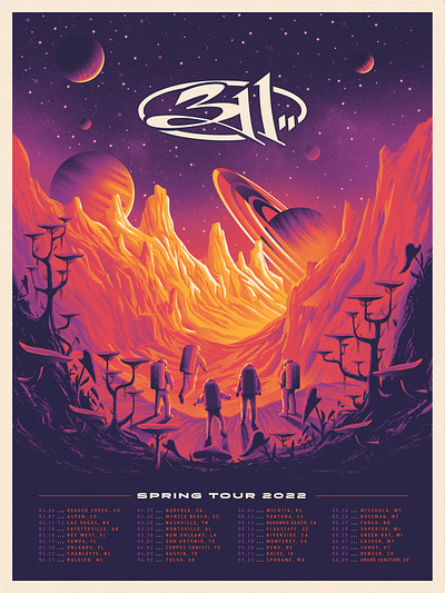 311 Spring Tour 2022 Poster 311 canyon cosmic dan kuhlken design dkng dkng studios galaxy gig poster illustration nathan goldman national park planet poster space stars vector