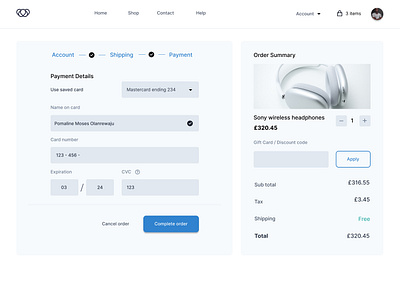 A checkout UI design on payment account card design logo order payment shipping ui uiux ux