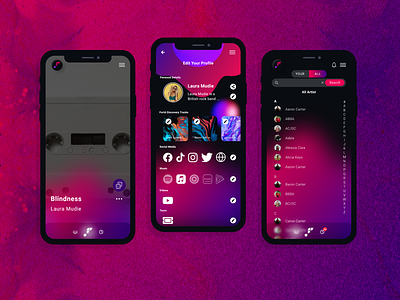 Music App Design app artist design disco discover fan forte glass effect list mobile music music app party profile purple react-native ui ux violet