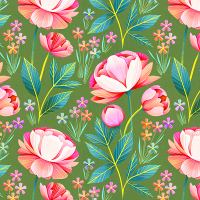 Peony Party floral flower illustration pattern peony retro spring texture vector