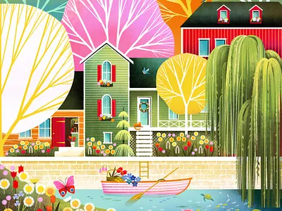 Spring Magic floral flower home house illustration spring tree