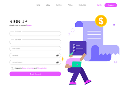 Sign up page blush dailyui finance illustrations sign up page