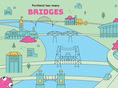 Bridges and Highways alien bridge building car character design chibi city convention center cute green highway mill pink portland river road stadium tower train station tree