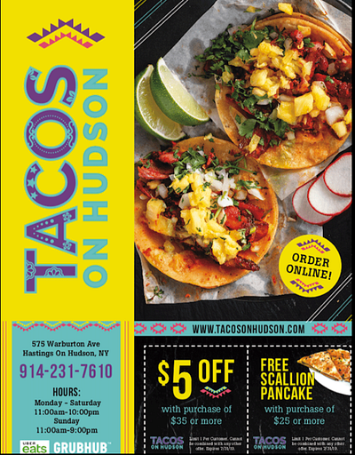 Tacos on Hudson - Print Ad & Menu - Direct Mail advertising branding design direct mail graphic design marketing menu print