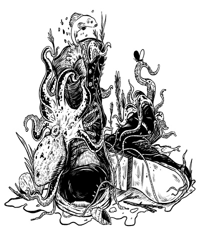 Lost at Sea black and white digitalillustration drawing fantasy art illustration inking octopus sea illustration
