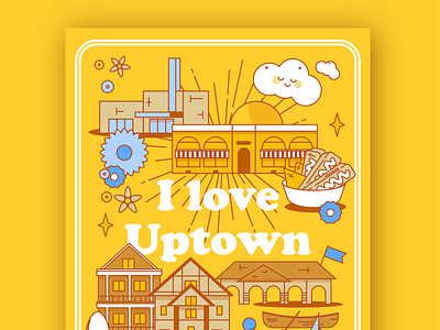 I love Uptown adventure architecture canoe city clouds colorful flowers icon icon design information graphics lake line art neighborhood place poster design theater travel vector