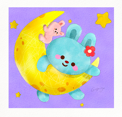 Watercolor cute Moon and Rabbit clipart bunny graphic hare moon rabbit
