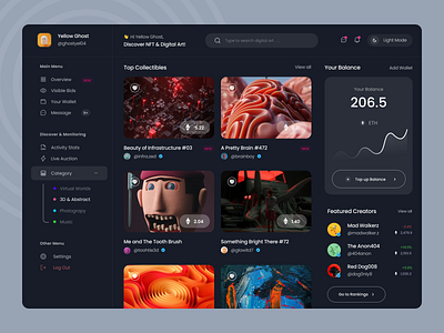 🚧 Eneftie - NFT Dashboard Darkmode art bid clean clear dark darkmode dashboard modern nft nftdashboard opensea picko pikcolab ui uiux uiuxdesign