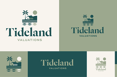 Tideland branding design green icon illustration island lettering logo ocean palm tree sun surf typography