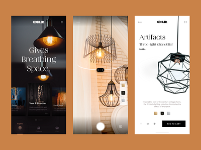 Kohler app concept UI app design architectural dark ecommerce furnisher furnisher shop home decor kohler lights minimal ui