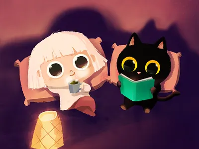 sweet time at home☕️ cat character chilling time cute digital art doodle drawing girl illustration procreate tea