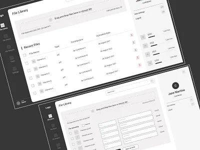 File Handling Dashboard Wireframes black white file handling high fidelity ux wireframes